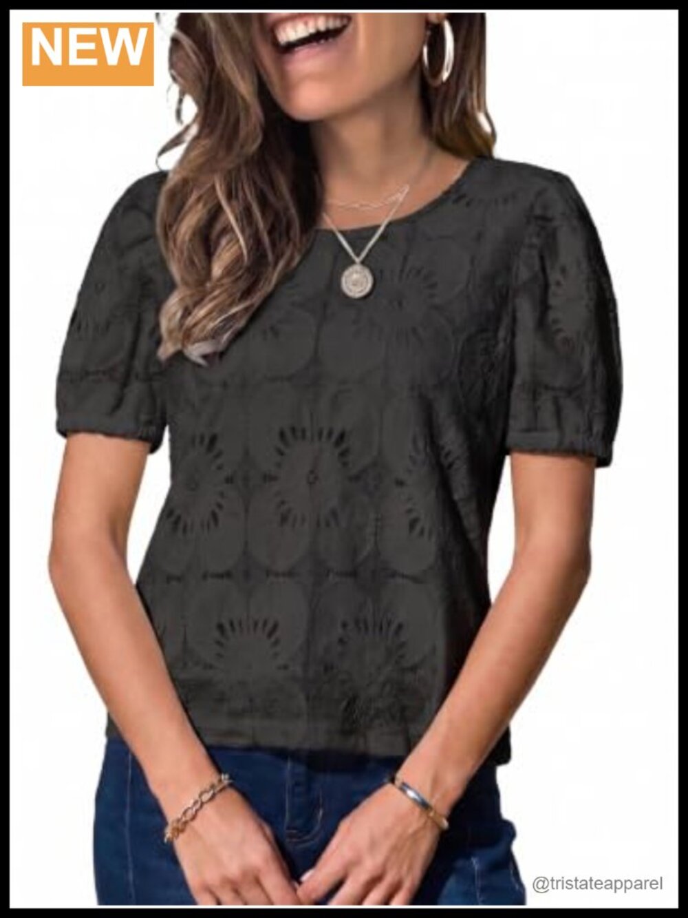 Women's Eyelet Lace Crochet Short Sleeve Crew Neck Blouse - Cotton Nylon